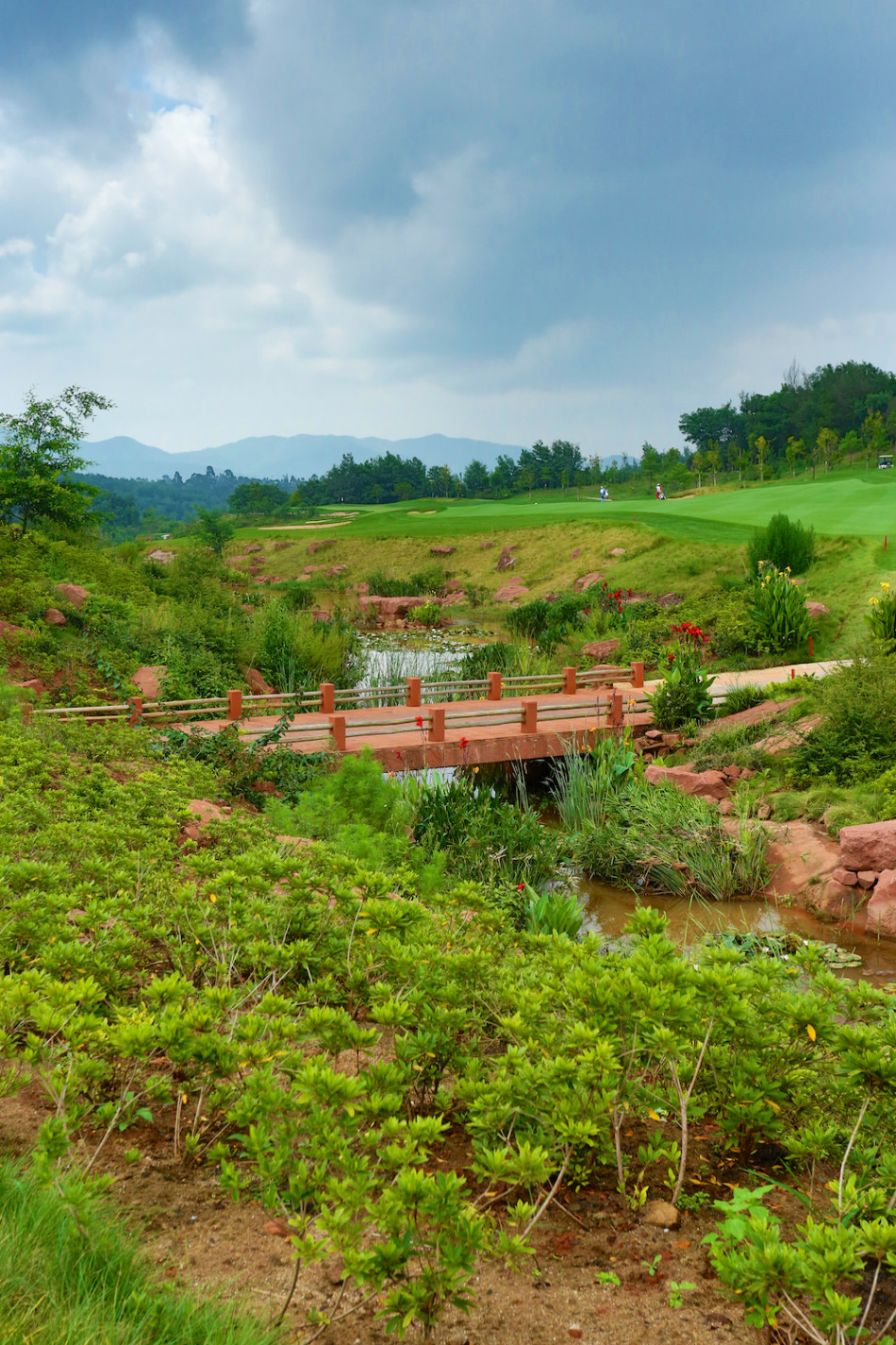 夕阳下的练习果岭，剪影般的球手在金色余晖中推杆