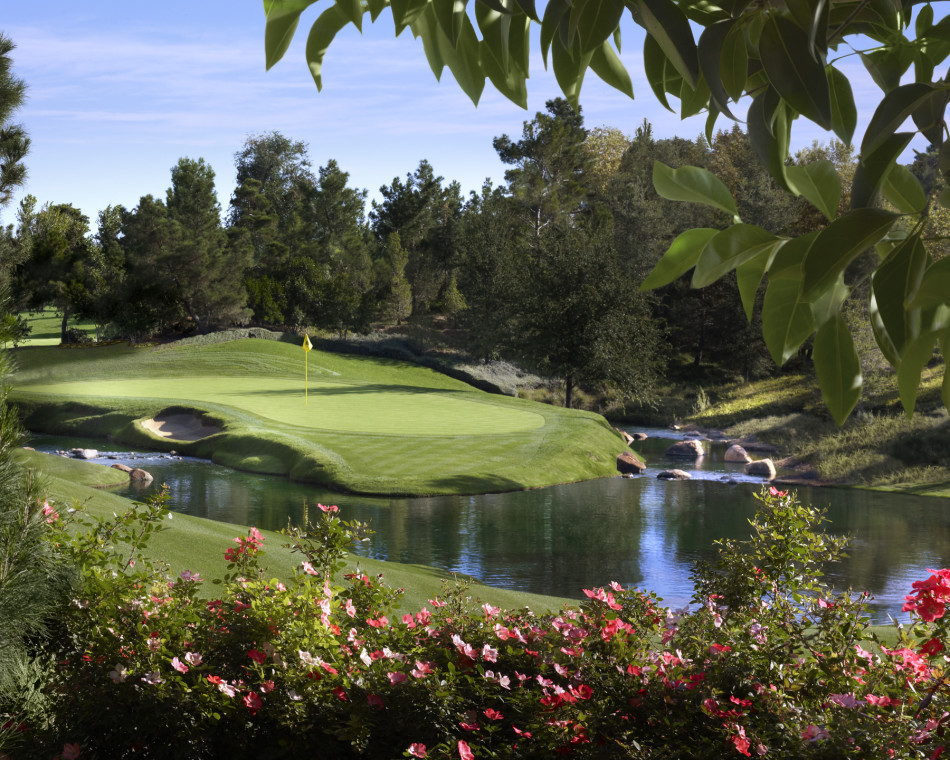 永利高尔夫俱乐部第14号洞，球道碧绿如缎，与远处棕榈树后的拉斯维加斯奢华酒店相映成趣，都市与绿洲仅一线之隔。