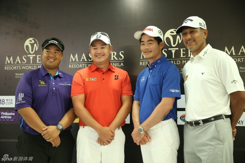 亚巡赛发布会现场，梁文冲与米哈辛等各国高尔夫名将并肩而立，共同展示赛事荣誉。