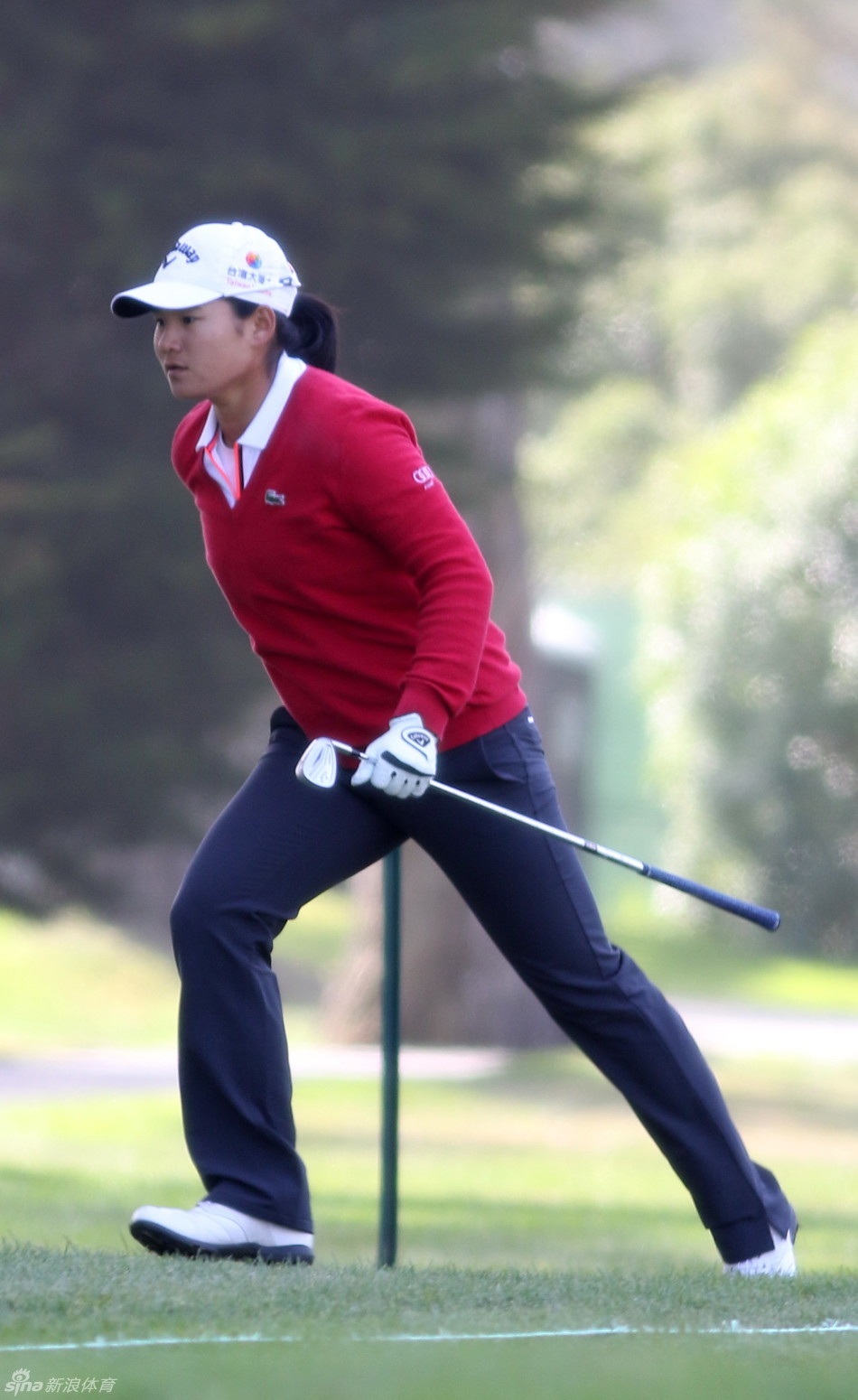 曾雅妮在沙坑中優雅救球，白沙揚起瞬間展現其精湛的短桿技巧與專注力