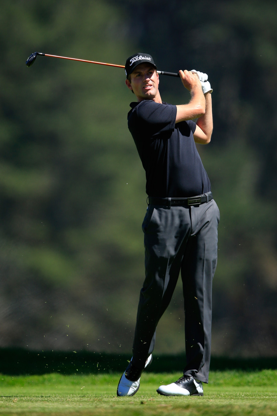 亚当·斯科特在奥古斯塔的松林背景下优雅挥杆,身姿挺拔如松,堪称高尔夫运动的美学典范。