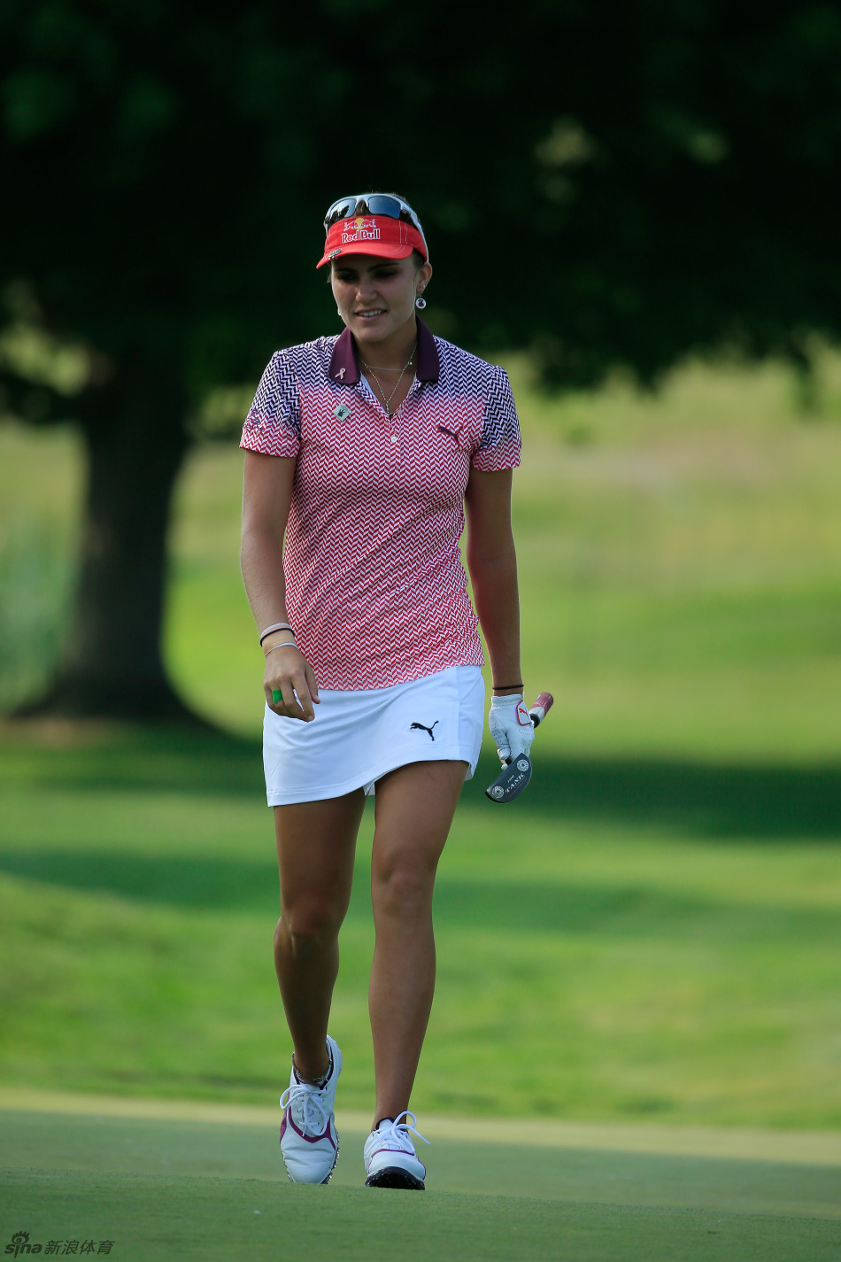 一位身着全套时尚紫色高尔夫球服的运动员背影,服装剪裁利落,颜色鲜明,在绿色球场的映衬下显得格外时髦自信。