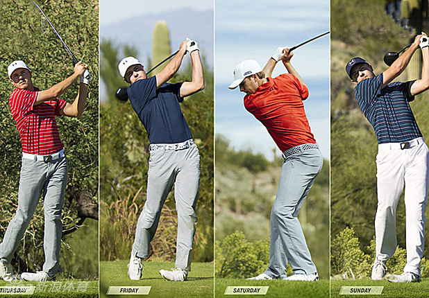 里奇·福勒头戴标志性宽檐帽，身穿时尚印花高尔夫球衫，笑容灿烂，完美融合街头潮流与高尔夫运动风尚