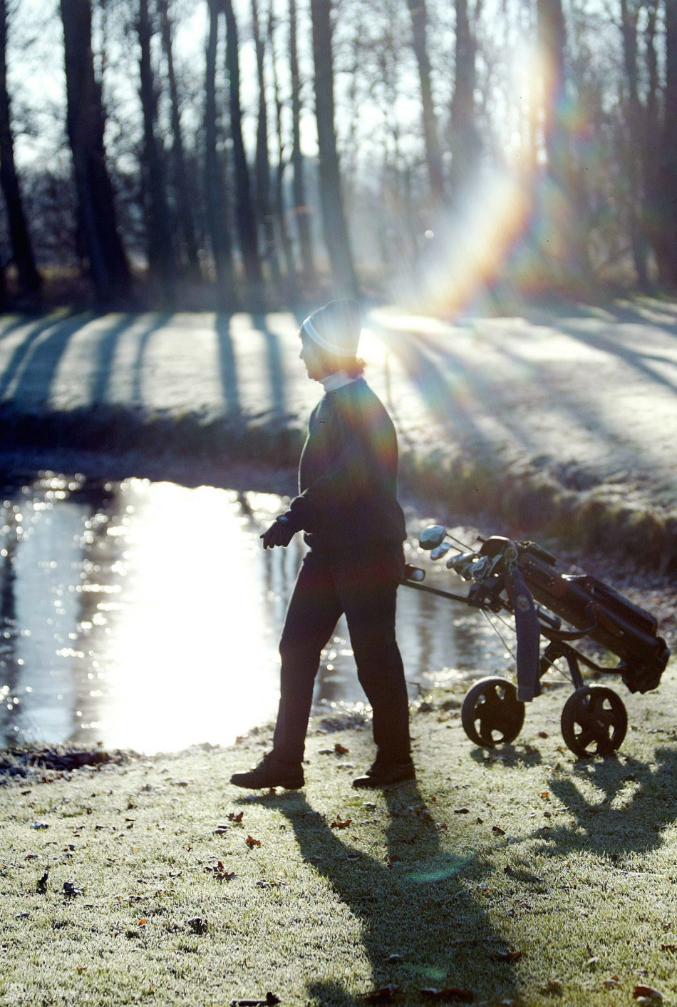 从高处俯瞰冬季高尔夫球场，被白雪分割的墨绿色球道与褐色发球台构成简洁而富有几何美感的图案，画面宁静而辽阔。