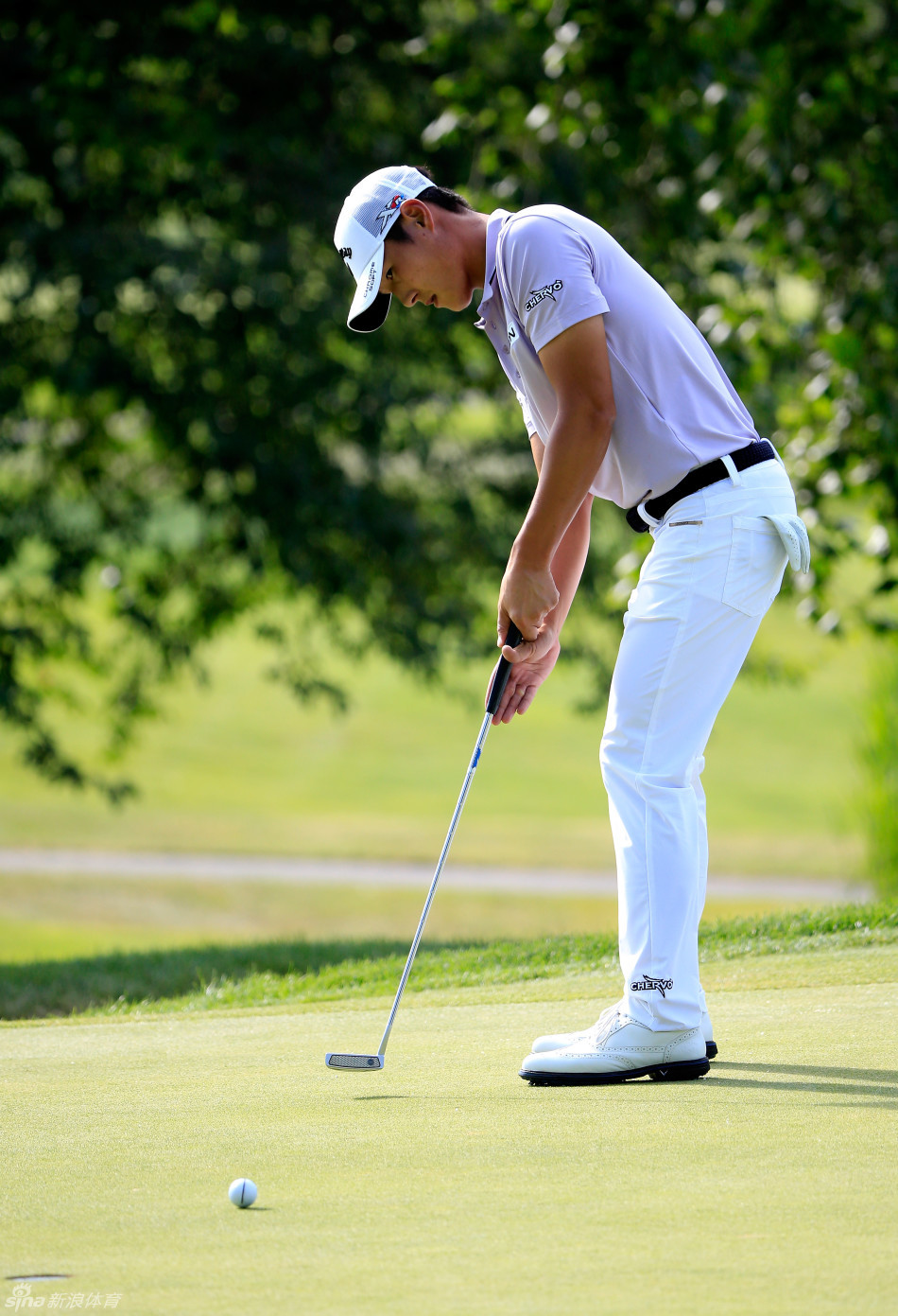 李真明在果岭上果断推杆，目光坚定地跟随小球滚动的轨迹直指洞杯