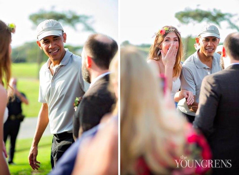 新娘瞪大了眼睛,用手轻捂嘴唇,表情写满了难以置信的惊喜,仿佛在说:'天哪,总统真的来了!'