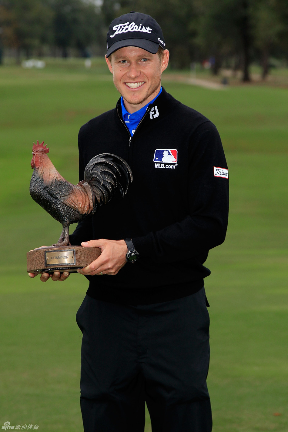 巅峰对决：冠军奖杯被高高举起，聚光灯下，金色的公鸡造型熠熠生辉，象征着至高的荣誉与不懈的奋斗。