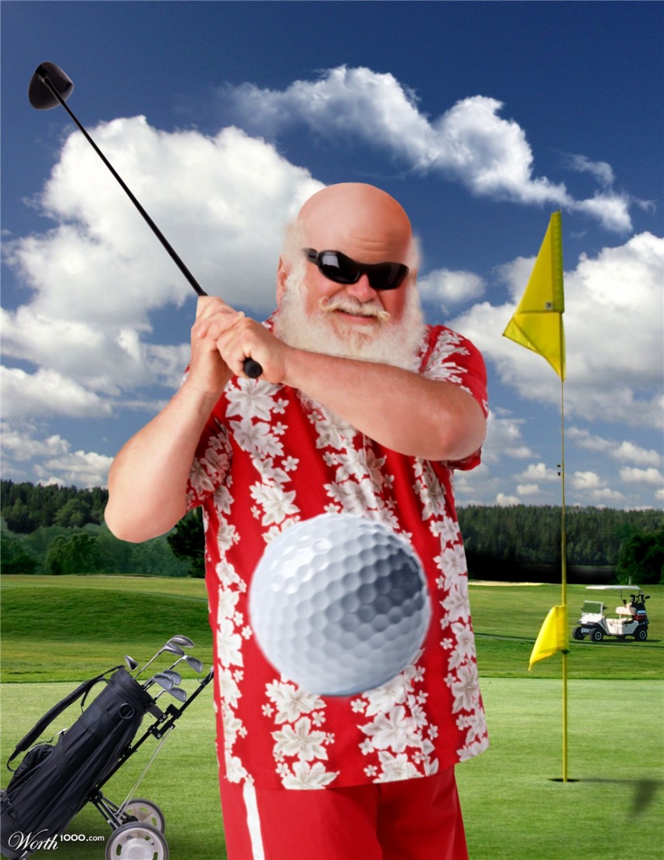 圣诞老人造型的高尔夫球手，在雪后初霁的球道上，与友人们一同开怀大笑，准备享受一场冬日球叙。