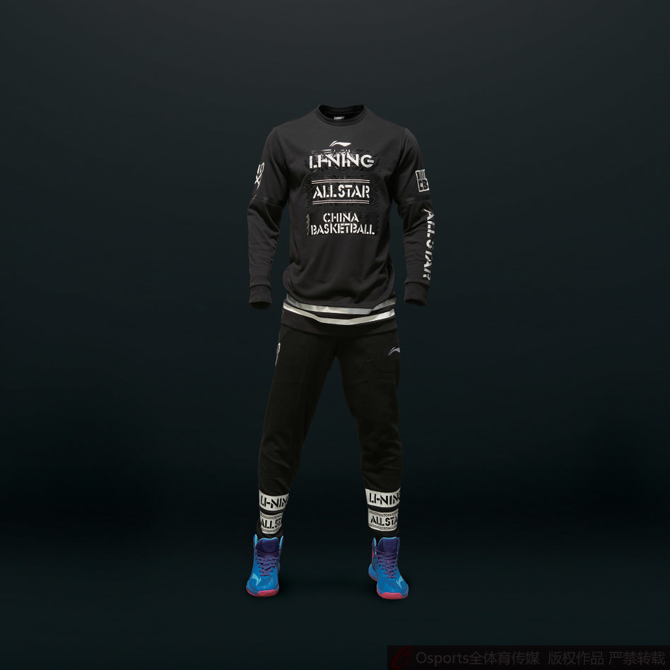 北区全明星装备全家福，从球衣到出场服再到战靴整齐排列，红色的主调仿佛一团燃烧的篮球之火。