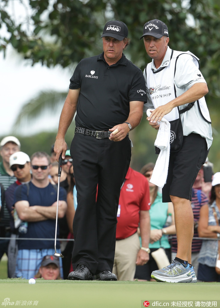 米克尔森在果岭上独自蹲下，从不同角度反复观察推杆的线路和草纹走向，寻找一击制胜的可能。