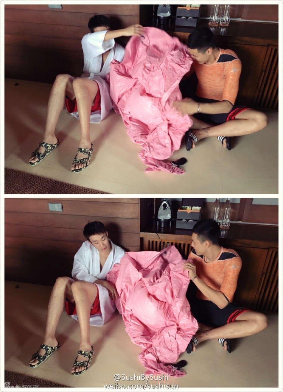 大功告成！丁彦雨航和翟晓川露出孩子般得意的笑容，对着镜头展示他们共同吹起的救生圈，成就感满满。