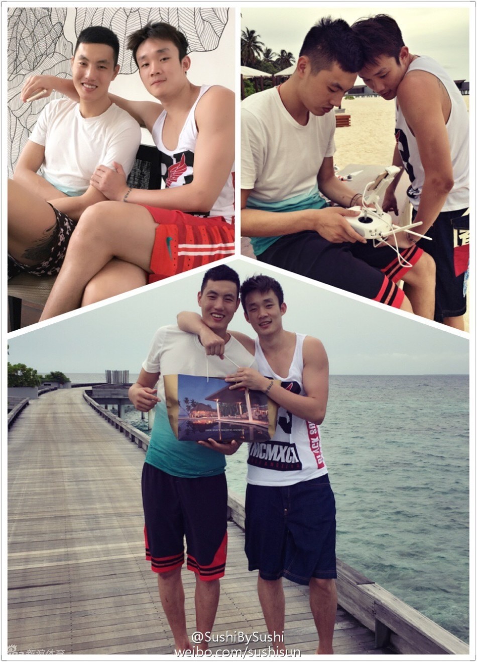 丁彦雨航和翟晓川这对球场好兄弟，正蹲在沙滩上全神贯注地研究着瘪瘪的救生圈，仿佛在研究最精妙的战术配合。