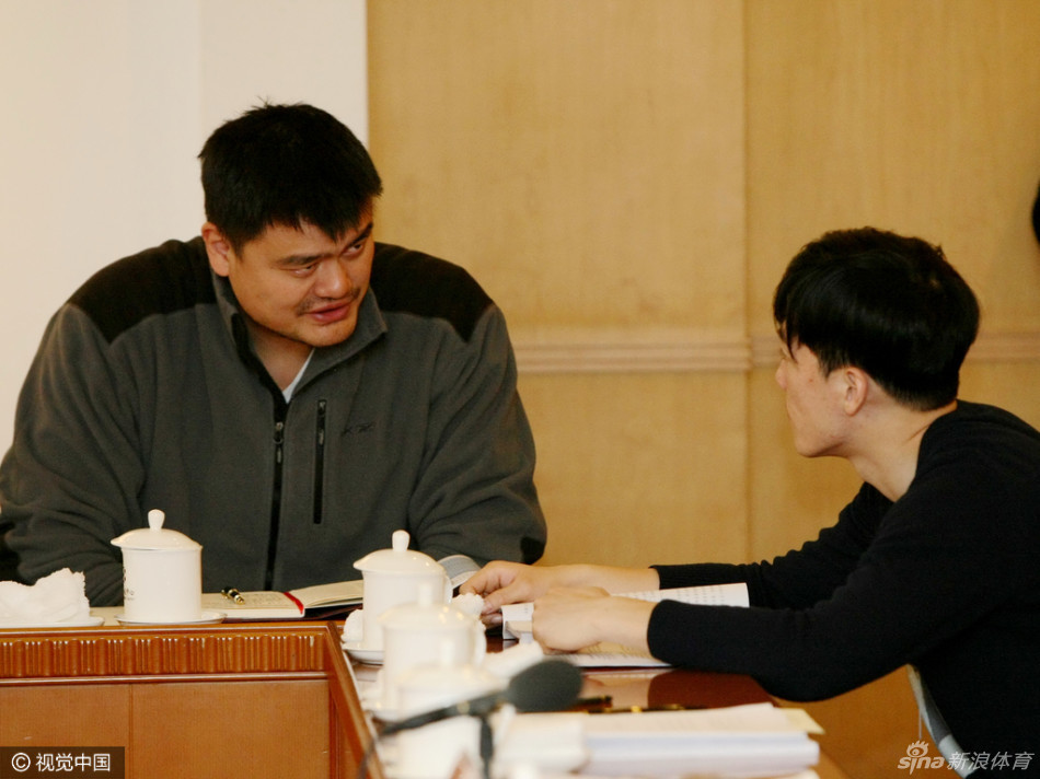 姚明与刘翔在两会体育小组讨论中相邻而坐，两人神情专注地交流着对中国体育发展的看法。