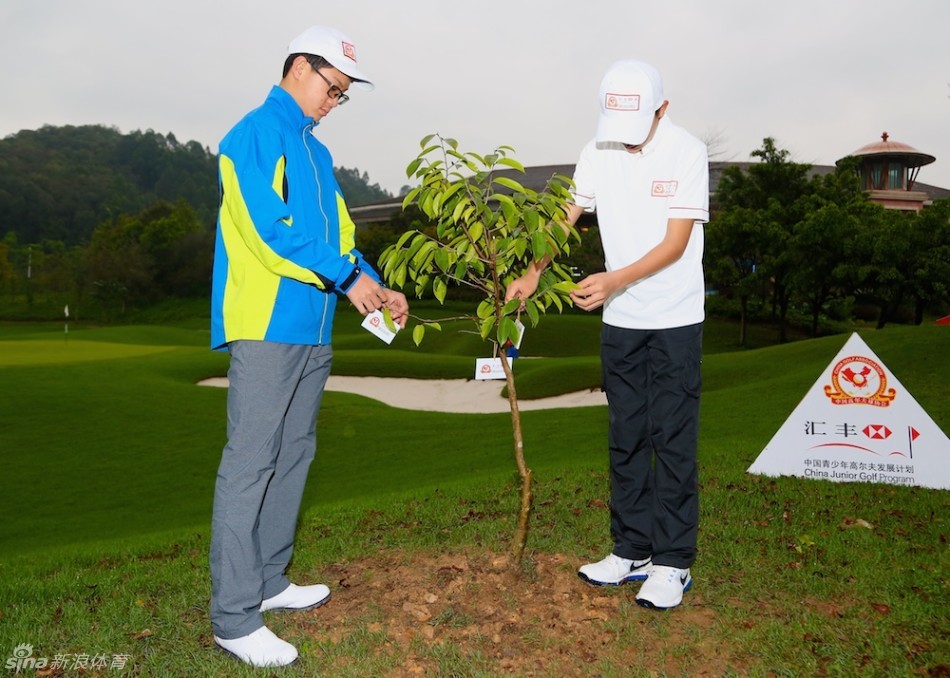 小球员们蹲在刚种好的树苗旁，伸出小手轻轻整理着树苗的枝叶，眼神里充满呵护。