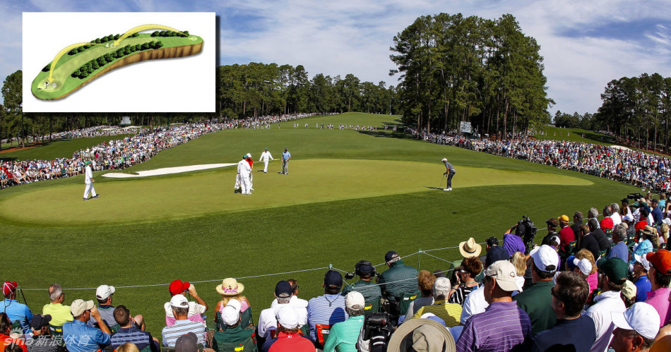 球道特写，清晨的露珠点缀在修剪整齐的草坪上，阳光穿过树梢，在蜿蜒的球道上投下斑驳的光影。