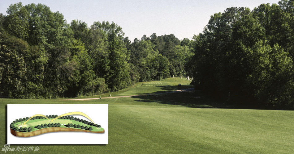 果岭攻防战，球员正在观察复杂的果岭线路，起伏的地形和光影使得推杆的判断成为智力与技巧的双重博弈。