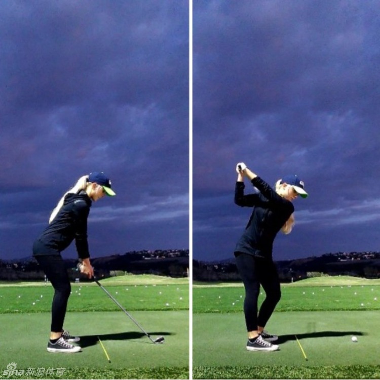 艾丽莎在果岭上推杆后优雅收杆的瞬间，身姿挺拔，动作流畅，尽显高尔夫运动的优雅风范。
