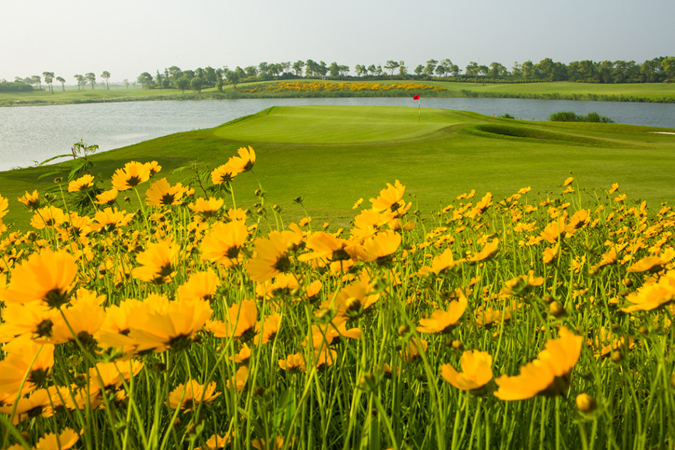 春日烂漫，粉白相间的花丛如柔软地毯铺展在球道旁，远处宏伟的托斯卡纳风格会所矗立于蓝天之下
