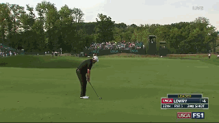 维斯特伍德果岭外神切射鹰，小球飞跃沙坑落地后轻盈跳滚动，精准入洞，老将振臂庆祝。