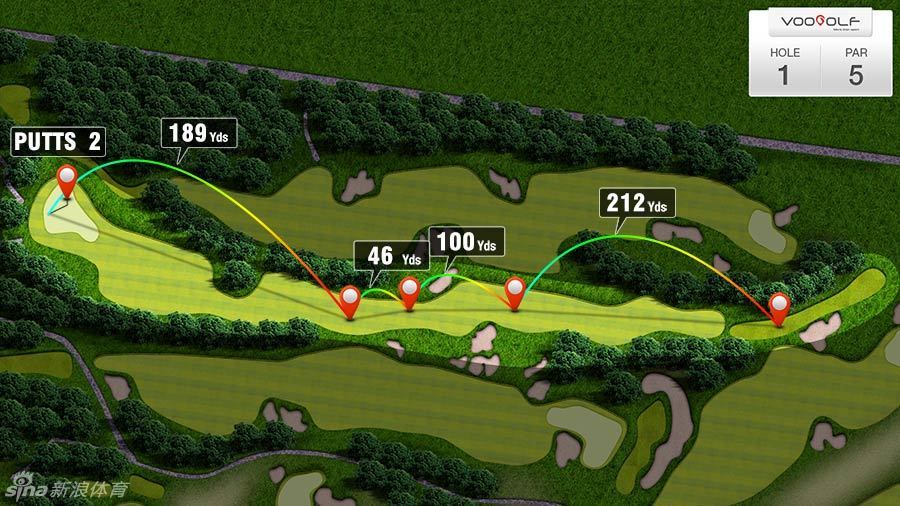 冯珊珊在果岭边专注凝神，研判推杆线路，眼神中充满沉着与坚定