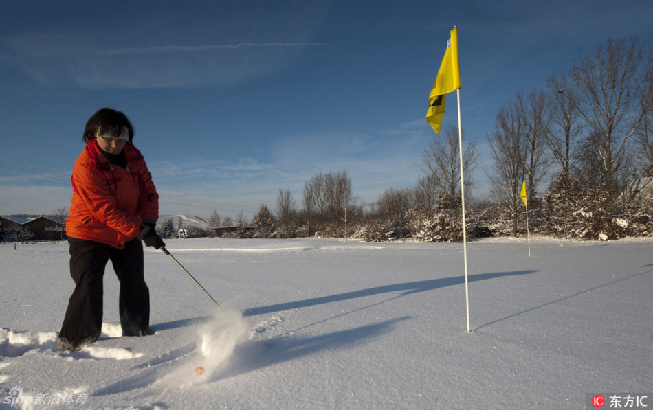 一位高尔夫球手正专注地在被厚厚积雪覆盖的果岭上推杆,身后是披挂着白雪的静谧松林。