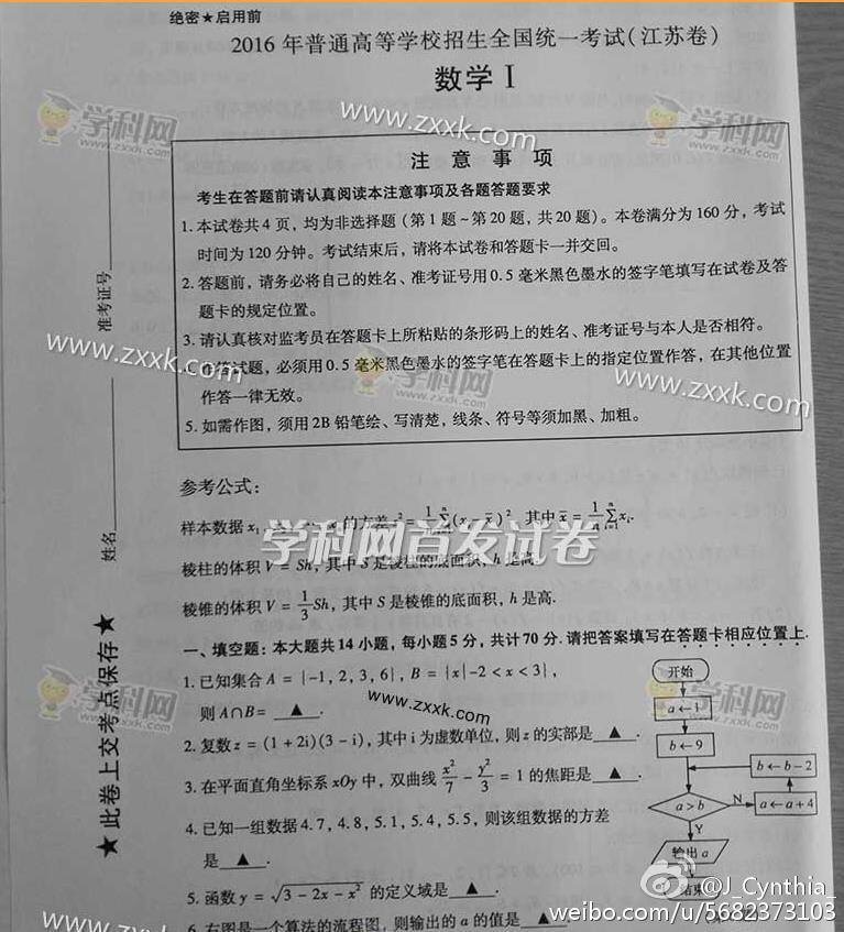2016年江苏高考数学试卷出炉(组图)--2016. 来