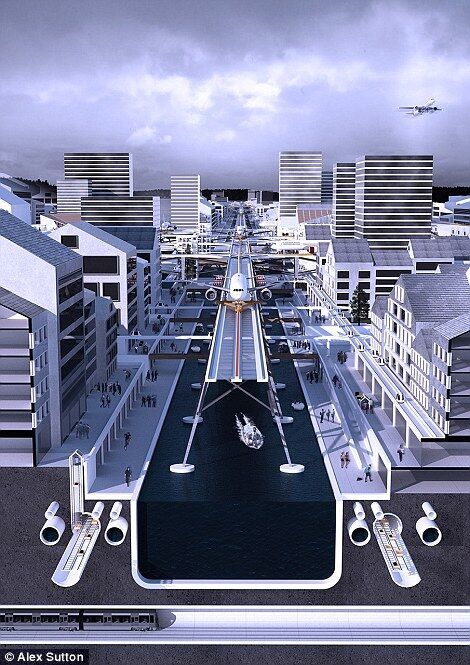 未来机场概念设计:飞机从城市街道上方起飞 - 