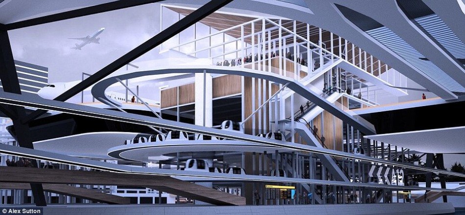 未来机场概念设计:飞机从城市街道上方起飞 - 