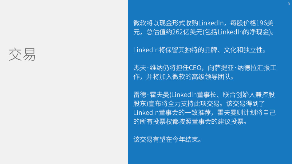 微软周一宣布，将以262亿美元现金收购LinkedIn。