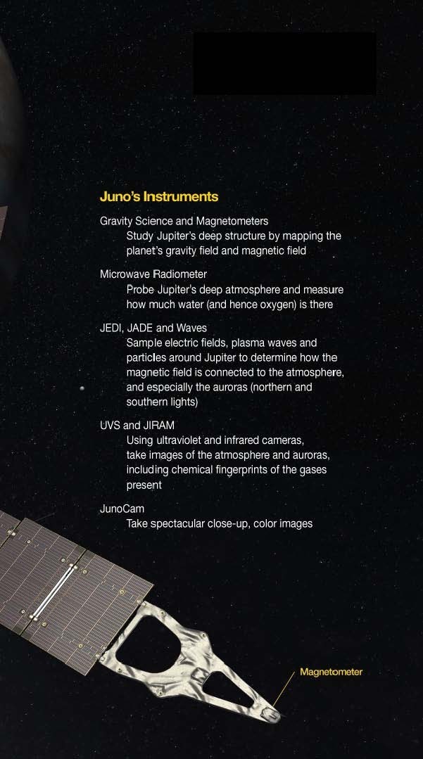 朱诺上安装的仪器：引力科学和磁力计，微波辐射计，木星高能粒子探测器（JEDI），木星极光分布实验（JADE），等离子体波实验设备（WAVES），紫外线光谱仪（UVS），木星红外极光绘图仪（JIRAM），朱诺摄像头。