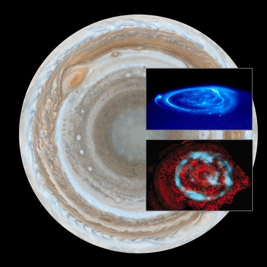 朱诺将对木星的极地展开首次近距离观察，研究其磁层中将这颗快速旋转的巨行星的外部与内部相连的力。（背景图由卡西尼号拍摄；上方小图为哈勃望远镜拍摄的木星极光；下方小图为卡西尼号从土星拍摄的照片）。