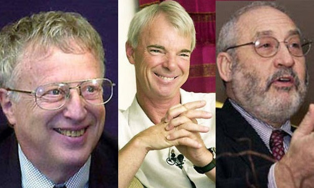 2001届获奖人：斯蒂格利茨、斯彭斯、阿克尔洛夫，三位美国教授由于在“对充满不对称信息市场进行分析”领域所作出的重要贡献获奖。