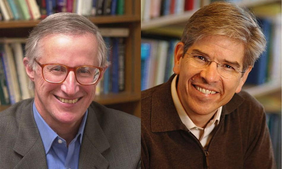 2018年经济学诺奖得主诺德豪斯(左)和罗默