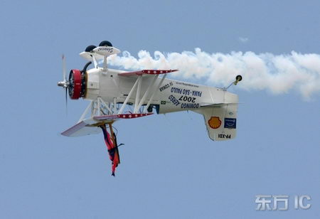 组图：巴西空军特技人员表演高空机翼行走