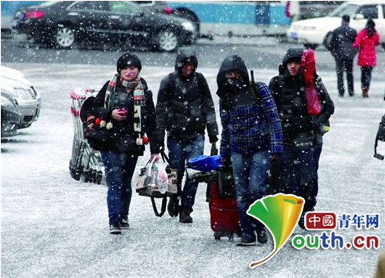 艺考生们拖着行李冒着风雪前来看考场。图片来自网络 艺考生们拖着行李冒着风雪前来看考场。图片来自网络