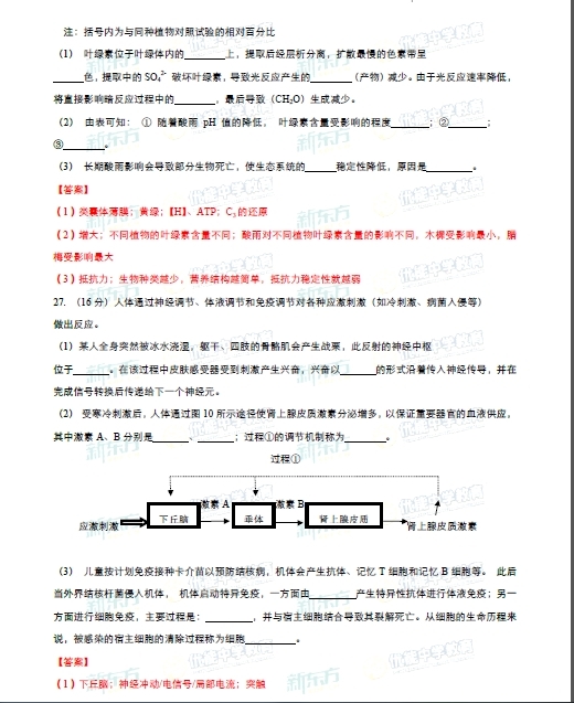 2015年广东高考理科综合答案及解析 2015年广东高考理科综合答案及解析