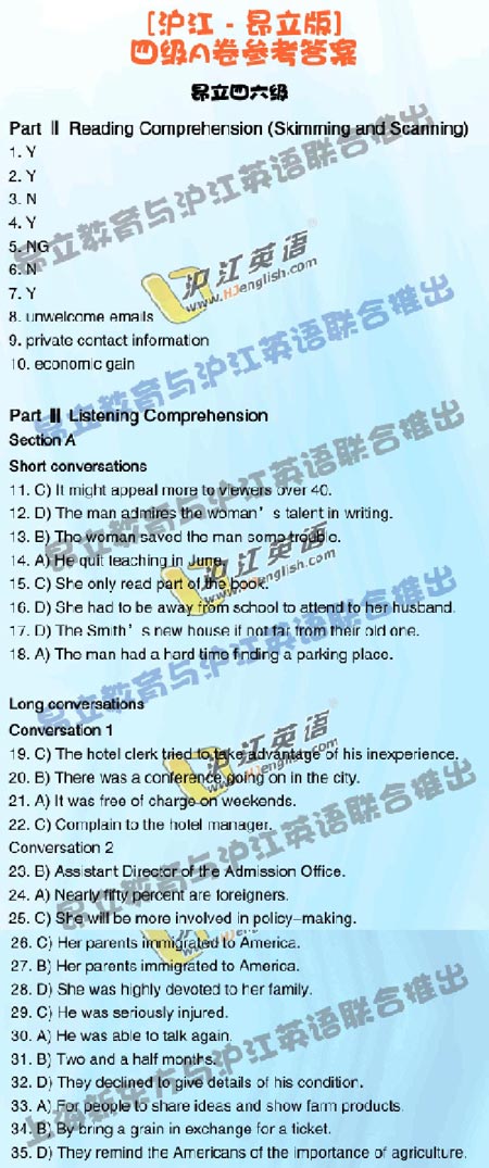 沪江昂立:07年6月英语四级考试参考答案