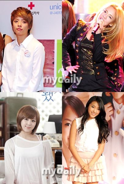 顺时针方向分别为:f(x)成员Amber、少女时代成员孝渊、Jewelry成员艺苑、Sistar成员宝拉