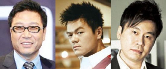 从左至右分别为韩国三大音乐公司老大李秀满(sm),朴振英(jyp)和杨贤硕