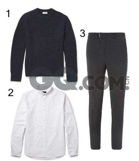 1、ACNE 毛衣 ¥约2800;2、A.P.C 衬衣 ¥约1700;3、ALEXANDER WANG 裤子 ¥约 4500