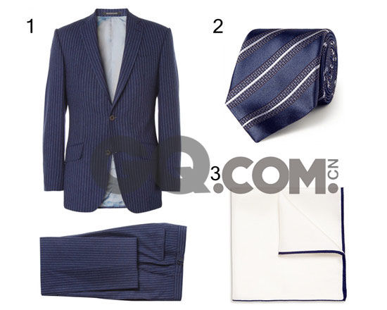 1、RICHARD JAMES 西装套装 ¥约 9500;2、CANALI 领带 ¥约 900;3、DRAKES ¥约 500