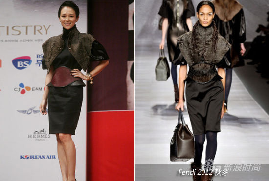 身着Fendi 2012秋冬系列黑色连身裙和皮草披肩 身着Fendi 2012秋冬系列黑色连身裙和皮草披肩