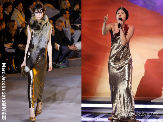 麦莉身着Marc Jacobs 2013秋冬系列金色丝质连衣裙登台演出