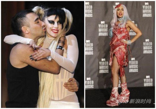 左:Nicola Formichetti和Lady GaGa;右:Nicola为Lady GaGa打造的肉片装 左:Nicola Formichetti和Lady GaGa;右:Nicola为Lady GaGa打造的肉片装
