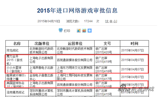 2015年进口网络游戏审批信息