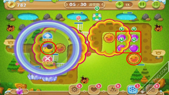 月亮塔升级(满级),太阳塔消除周边的道具并出现魔法球塔。