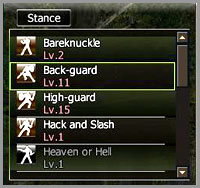 Unlocked stances are brown, while unavailable stances are grey.