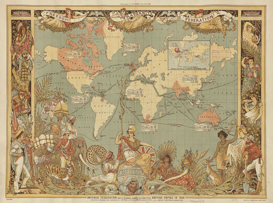 1886英帝国在世界上控制的地区(红色)。 1886英帝国在世界上控制的地区(红色)。