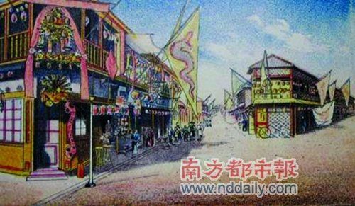 日本横滨开港时期(1859年)的中华街,龙旗招展。横滨开港资料馆《横滨中华街150年》 日本横滨开港时期(1859年)的中华街,龙旗招展。横滨开港资料馆《横滨中华街150年》