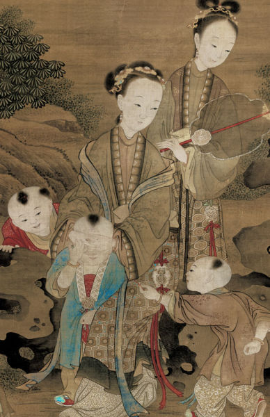 清代画师王朴《婴戏图》上的妇女、儿童。 清代画师王朴《婴戏图》上的妇女、儿童。